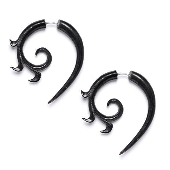 81stgeneration Women's Men's Black Horn Fake Taper Stretcher Spiral Tribal Earrings