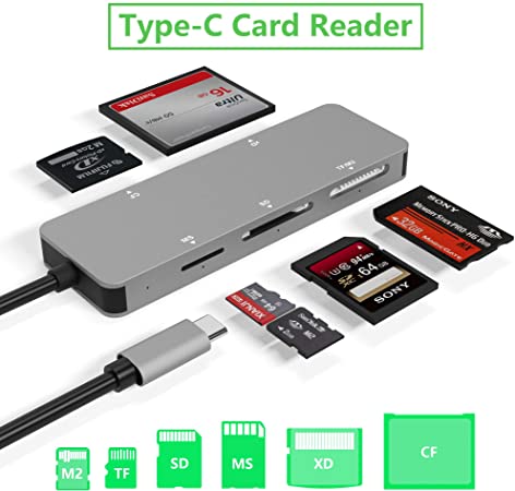 USB C Card Reader, 5 in 1 Card Reader, Type C (5Gps) High Speed Card Reader with TF/SD/MS/M2/XD/CF Memory Card Solt, Plug and Play