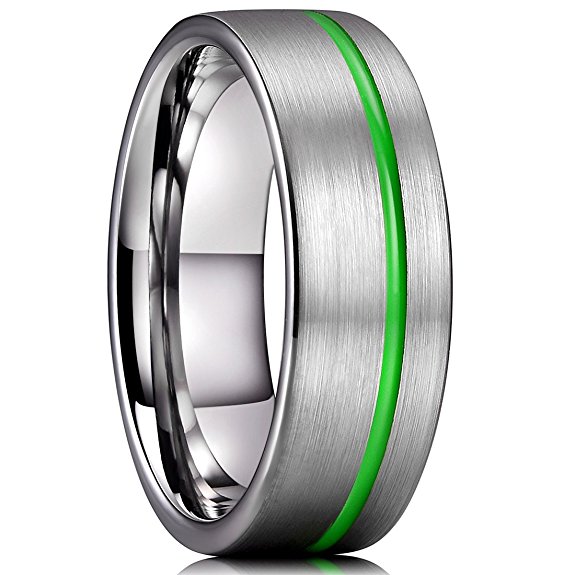 King Will LOOP 8mm Tungsten Carbide Wedding Band Green Grooved Thin Line Ring Brushed Matte Silver Polished Finish Comfort Fit