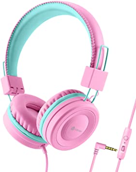iClever Kids Headphones for Girls - Wired Headphones for Kids with MIC, Volume Control Adjustable Headband, Foldable - Childrens Headphones on Ear for iPad Tablet Kindle Airplane School, Pink