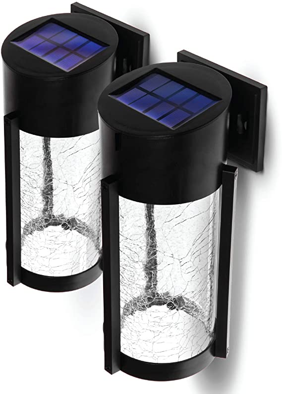 Home Zone Security Decorative Solar Wall Lights - Outdoor Crackle Glass Patio and Fence Wall Lights, 2-Pack