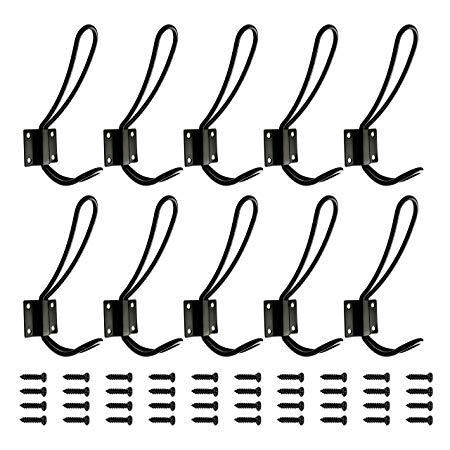 Rustic Entryway Hooks | 10 Pack of Black Wall Mounted Vintage Double Coat Hangers with Large Metal Screws Included | Hard Industrial Heavy Duty Hook Set | Best for Farmhouse Shabby Chic Hanging Look