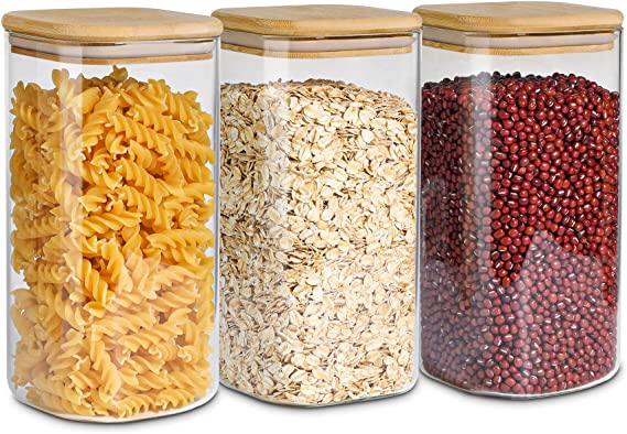 ComSaf 1500ml Glass Jars with Bamboo Lids, Clear Airtight Food Storage Container Jar with Sealing Lid, Canister Set for Pasta Flour Cereal Rice Sugar Tea Coffee Beans, Set of 3