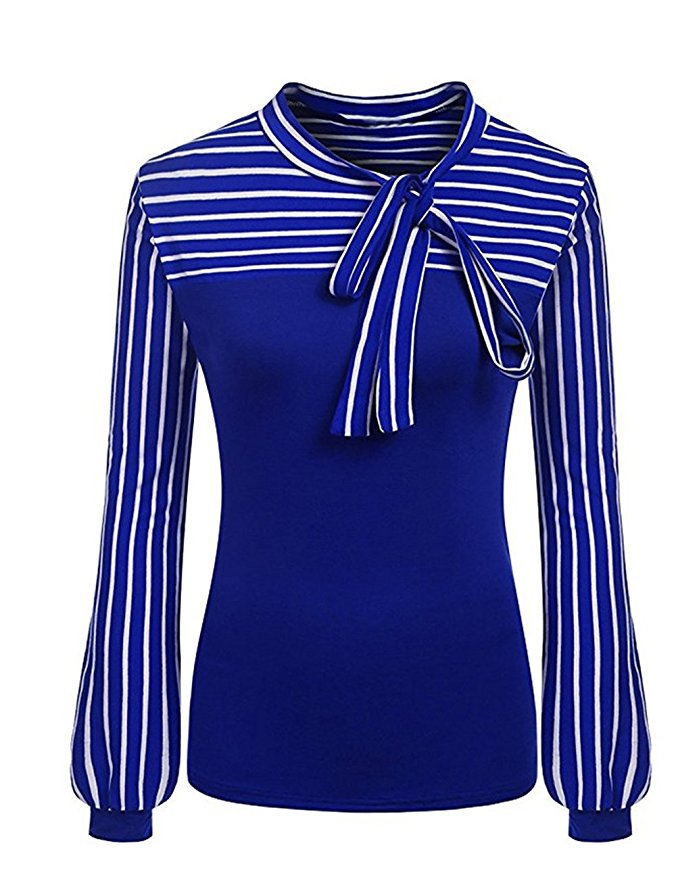 LEvifun Clearance Women Stripe Shirt Lady Tie Bow Neck Long Sleeve Splicing Patchwork Tops Blouse For Work Office On Sale