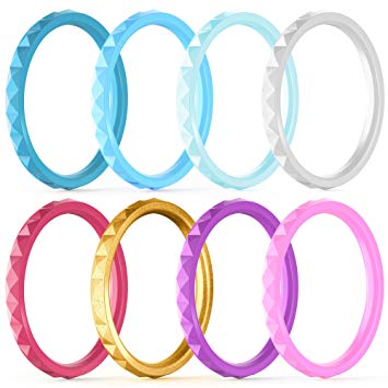 ThunderFit Thin and Stackable Silicone Rings, 8 Rings / 4 Rings / 1 Ring - Silicone Wedding Bands for Women - Diamond Pattern (Renewed)