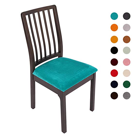 Soft Velvet Dining Room Chair Seat Covers, Stretch Fitted Dinning Upholstered Chair Seat Cushion Cover, Removable Washable Furniture Protector Slipcovers with Ties - Set of 4, Teal