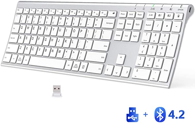 iClever DK03 Bluetooth Keyboard - 2.4G Wireless Keyboard Rechargeable Bluetooth 4.2   USB Multi Device Keyboard, Ultra-Slim Full Size Dual Mode White Keyboard for Mac, iPad, iPhone, Windows, Android