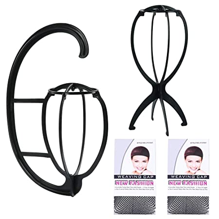 fani 2 Pack Wig Hanger Wig Stand Black Folding Wig Holder Hairpieces Wig Dryer Portable Hanging Wig Stand  Vertical Bracket for Wigs and Hats, with Two wig cap