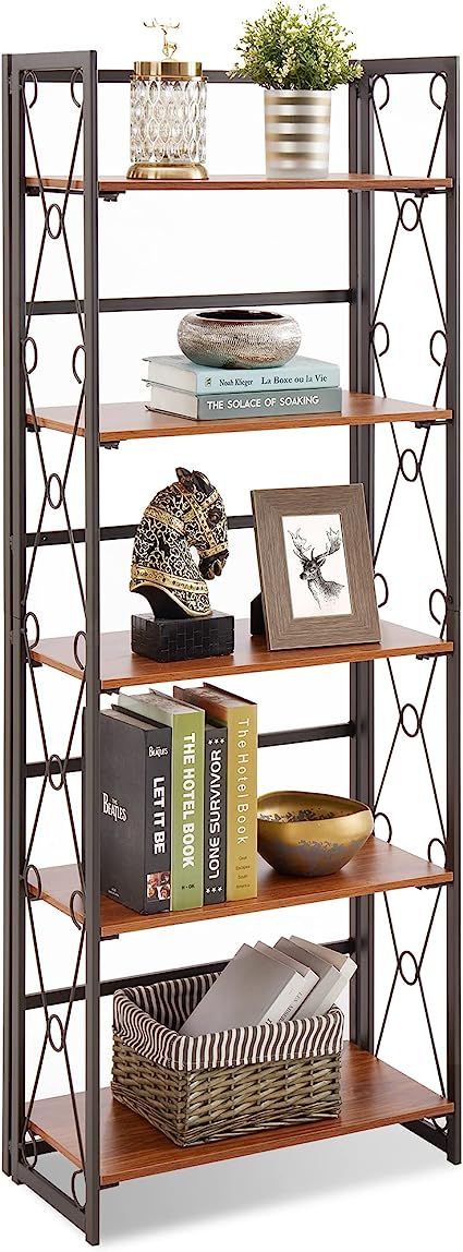 VECELO 5 Tier Folding Bookshelf, 2-Step Assembly Foldable Bookcase with Standing Display Shelves, Collapsible Metal Frame with Lace X Shape and Anti-Toppling Design, 1 Set