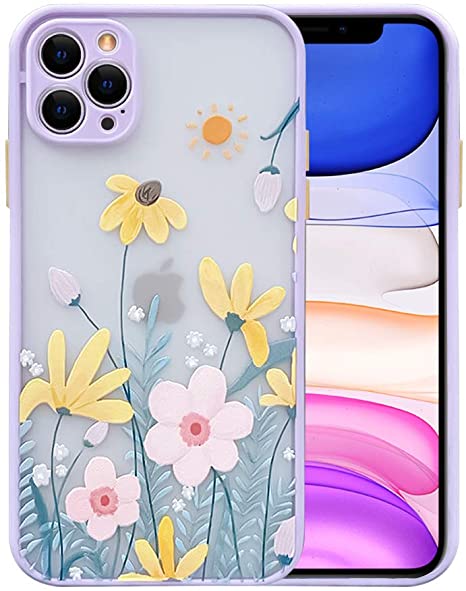 Ownest Compatible with iPhone 12 Pro Max Case for Clear Flower Frosted PC Back 3D Floral Girls Woman and Soft TPU Bumper Silicone Slim Shockproof Case for iPhone 12 Pro Max-Taro Purple