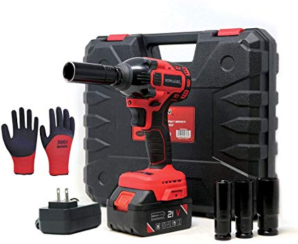 Toolman Rechargeable Lithium-ion cordless Power Impact Wrench kit 1/2" 21V with Drill Set Led Light Free Case & Work Gloves (1 Battery)