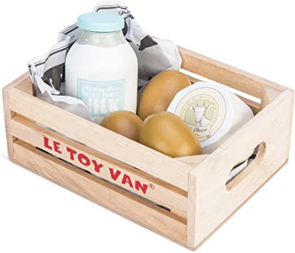 Le Toy Van - Wooden Honeybee Market Eggs & Dairy Crate | Wooden Market Stall Food | Supermarket Pretend Play Shop Food