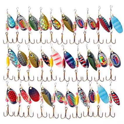 LeaningTech BT0004 LOT 30PCS Spinner Metal Hard Fishing Lures Set, Crankbaits, Bass, Pike Salmon Baits Hooks, Removable Split Assorted Tackle, Multi-Color