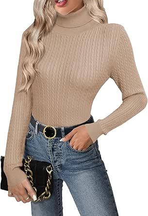 Zeagoo Womens Sweaters 2024 Turtleneck Cable Knit Long Sleeve Slim Fitted Basic Fall Tops