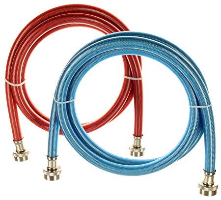 Deluxe PVC Coated Stainless Steel Washing Machine Hoses, 6 Ft Burst Proof (2 Pack) Red and Blue Color Coded Water Connection Inlet Supply Lines - Lead Free