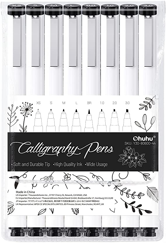 Calligraphy Pen, Ohuhu Set of 8 Sizes Hand Lettering Pens for Beginners, Writing, Sketching, Drawing, Illustration, Scrapbooking Calligraphy Brush Pens Halloween Christmas Cards DIY