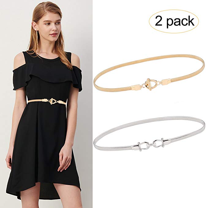 Women Elastic Skinny Waist Belt Metal Stretchy Chain Dress Belts for Women Girls 2 Pack Gold Silver By JASGOOD