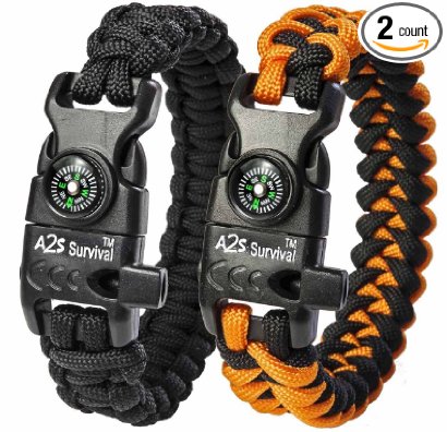 A2S Paracord Bracelet K2-Peak Series - Survival Gear Kit with Embedded Compass, Fire Starter, Emergency Knife & Whistle - Pack of 2 - Quick Release Slim Buckle Design Hiking Gear