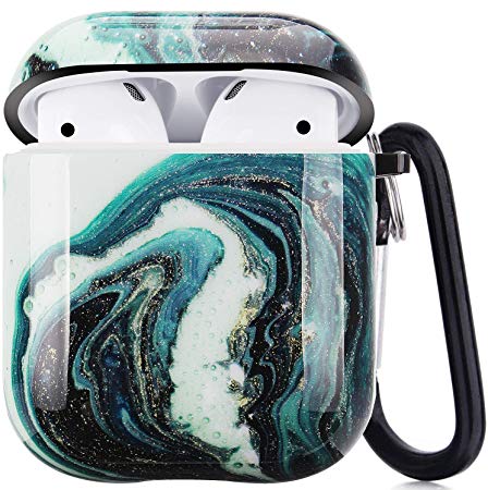 Airpods Case, Airpods Protective Hard Green Marble Case Cover with Keychain Compatible with AirPods 2/1 Eco-Friendly Cute Girls Men Durable Shockproof Drop Proof Case for AirPods Charging Case