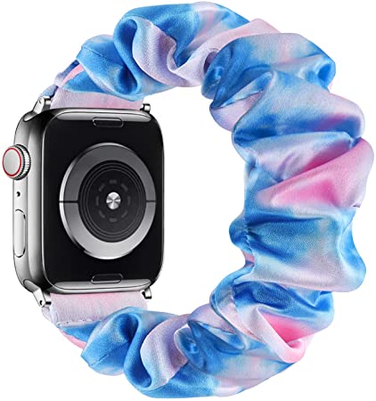 GBPOOT Adjustable Scrunchies Solo Loop Compatible with Apple Watch Bands 38mm 40mm 42mm 44mm, Stretchy Cloth Pattern Printed Fabric Women Elastic Scrunchy Wristband for iWatch Series SE/6/5/4/3/2/1