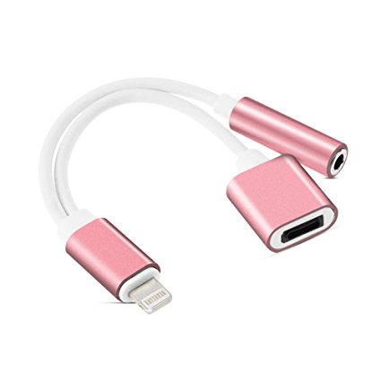 2 in 1 Lightning Cable 3.5mm Headphone Jack Adapter Fast Charging Lightning Adapter Stereo Jack Cord Cable for iPhone 7, iPhone 7 Plus[No Phone Call & Music Control]-(Rose Gold)