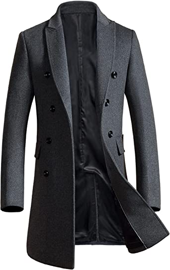 PRIJOUHE Men's Wool Trench Coat Single Breasted Slim Fit Mid-Length Notched Collar Winter Overcoat Quilted Pea Coats