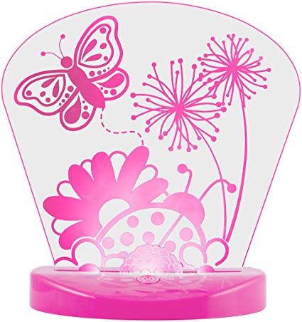 Lights By Night Color-Changing Table Top Lamp Nightlight, Flowers and Butterflies, USB Powered, 9 Multi-Colored 3D Options, Always On/60 Minute Time-Out Feature, Colorful, Pink Acrylic Base, 32917