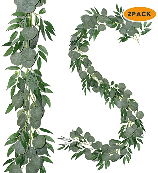 Meet ROSR 2 PCS Artificial Eucalyptus Garland Faux Silver Dollar Eucalyptus Leaves Vines Garland for Greenery Garland Table Runner Garland Wedding Arch Swag Backdrop Garland Doorways Home Decor