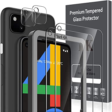 LK [4 Pack] 2 Pack Screen Protector for Google Pixel 4a   2 Pack Camera Lens Protector [Anti-Scratch] [Easy-Installation Tool] Tempered Glass 9H Hardness for 4G 5.8-inch [Not Fit for Pixel 4a 5G 6.2-inch]