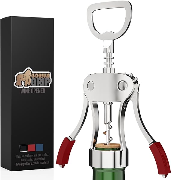 Gorilla Grip Powerful Wine Opener, Ergonomic Soft Touch Heavy Duty Manual Bottle Openers, Rust Resistant Zinc Alloy Winged Corkscrew, Easy Use, Open Corks, Dishwasher Safe, Bar Accessories, Red