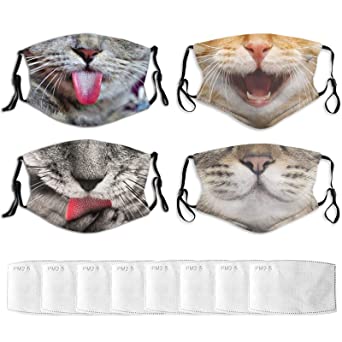 4Pcs Face Mask with 8 Filters Pocket Washable Reusable Funny Cat with Tongue Face Bandanas for Women Men Made in USA