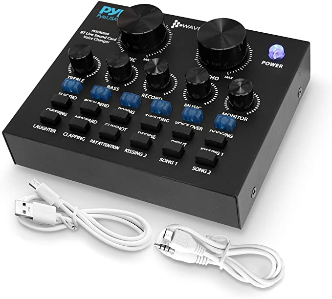 Pyle Bluetooth Mini Audio Podcast Mixer - Live Streaming for PC Computer iPhone Broadcasting | Voice Changer V8 Sound Card with 12 Sound Effects,3 Inputs, Mic Input (PKSCRD208)