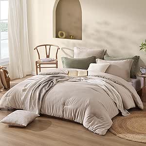 Beige Boho King Comforter Set, 3 Piece Lightweight Comforter King Size, Premium Farmhouse King Bedding Set in Faux Microsuede, King Size Bed Set (Beige,102"*90",King)