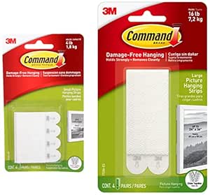 Command Small Pack of 4 Pairs Picture Hanging Foam Strips, White, Foam andCommand Large Picture Hanging Strips,4 Pairs, Holds Strong, Damage Free Walls, Self Adhesive, White