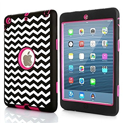 iPad mini 3 / 2 / 1 Case, Hocase Double Layer Rugged Hard Rubber Protective Case Cover for Apple iPad mini 1 / 2 / 3 - Black Chevron / Deep Pink