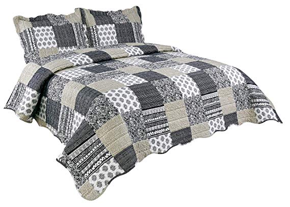Dream Bedding Pinsonic Rich Printed 3 Piece Quilt Set, Navy Plaid Pattern, King Size
