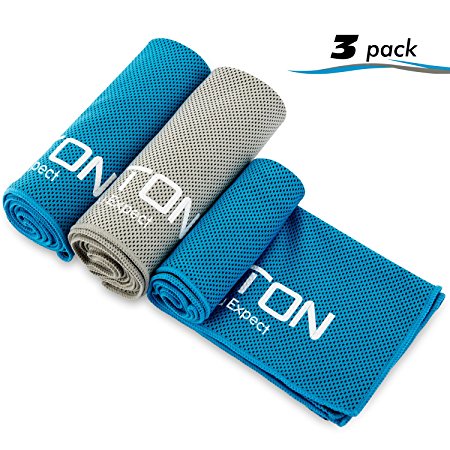 OMOTON 3 packs Cooling Towel for Instant Relief-Soft Breathable Mesh Yoga Towel-Keep Cool when Running Biking Hiking and all Other Sports (3, Blue & Grey & Blue)