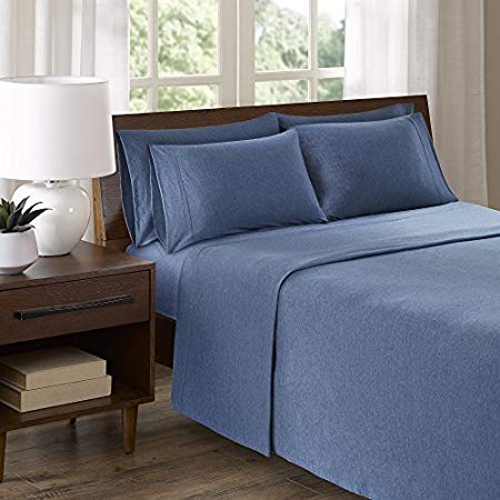 Comfort Spaces Cotton Blend Jersey Knit 4 Piece Set Ultra Soft Deep Pocket Breathable Sheets with Pillow Cases Bedding, Twin, Navy