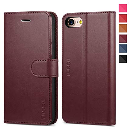 iPhone 8 Case, iPhone 7 Wallet Case, TUCCH Premium PU Leather Flip Folio Wallet Case with Card Slot, Stand Holder and Magnetic Closure [TPU Interior Case] Compatible with iPhone 7/8, Wine Red