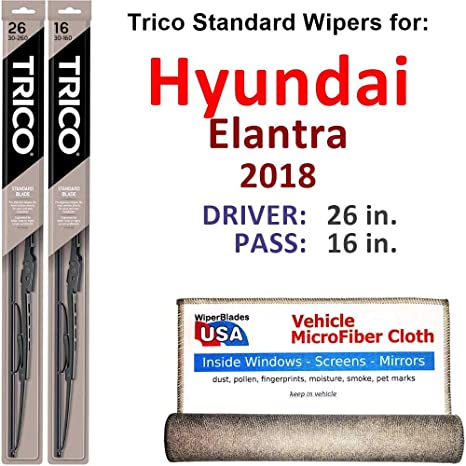 Wiper Blades for 2018 Hyundai Elantra Driver & Passenger Trico Steel Wipers Set of 2 Bundled with Bonus MicroFiber Interior Car Cloth