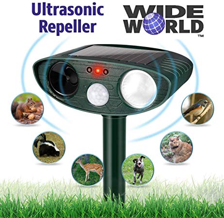 Ultrasonic Pest Repeller by Wide World - Solar Powered Waterproof Outdoor Wild Animal Repeller - Motion Sensor and Powerful Sound for Deer Cat Dog Squirrel Mole Rat Fox Wolf Raccoon - Sound Control