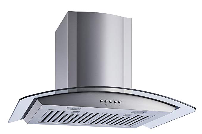 Winflo New 30" Convertible Stainless Steel/Tempered Glass Wall Mount Range Hood with Stainless Steel Baffle filters, Ultra bright LED lights and Push Button 3 Speed Control