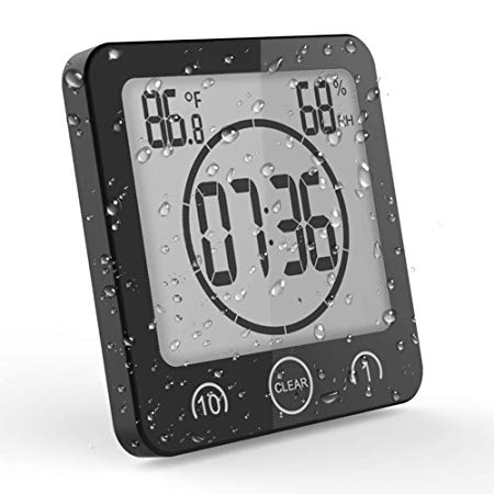 OCEST Digital Bathroom Shower Kitchen Clock Timer with Alarm Temperature Humidity Waterproof Touch Screen Timer Large Number Display with Suction Cup Hanging Wall Clock Shelf Clock- Black
