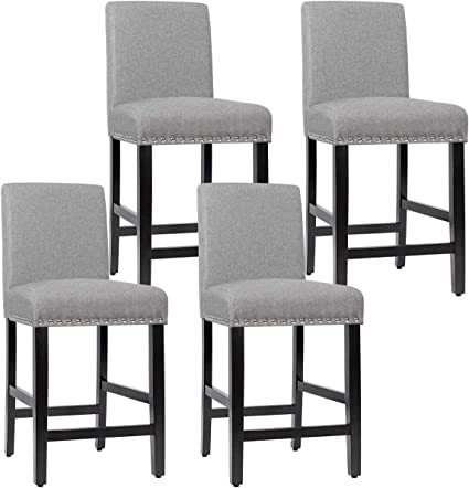 COSTWAY Bar Stools Set of 4, Upholstered Bar Chairs w/ Rubber Wood Legs, Breathable Linen Fabric, High Resilience Sponge, Comfortable Backrest, Padded Seat, for Kitchen Dining Room (Gray, 4)