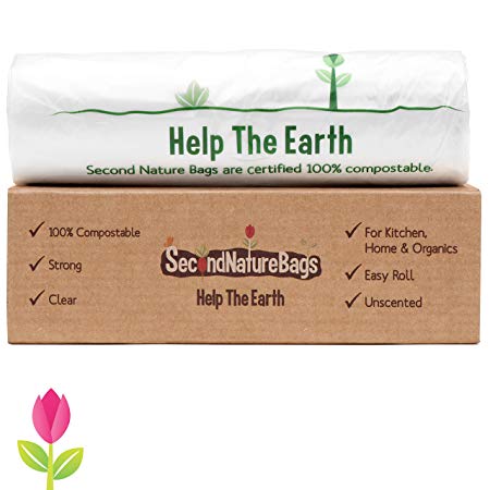 Second Nature Bags, Premium Certified 100% Compostable Biodegradeable, Extra Thick, Kitchen Food Scraps & Home Trash Bags (3G 100 Count)