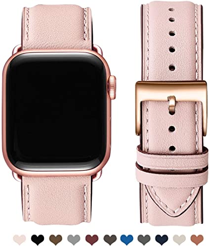 OMIU Square Bands Compatible for Apple Watch 42mm 44mm 38mm 40mm, Genuine Leather Replacement Band Compatible with Apple Watch Series 5/4/3/2/1 Edition (Pink Sand/Rose Gold Connector, 38mm 40mm)