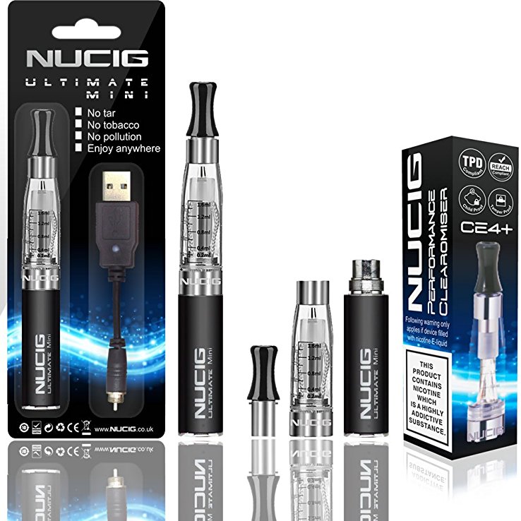 NUCIG® MINI Ultimate BLACK Electronic Cigarette | New for 2016 | ego ehookah e shisha ecigarette with automatic battery | real draw activation. Without Nicotine / Without Tobacco (Amazon resell policy). eliquid / e liquid refill available separately
