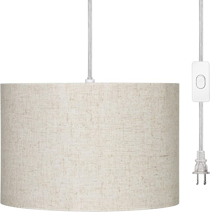 DEWENWILS Plug in Pendant Light, Hanging Light with 15ft Clear Cord, On/Off Switch, Beige Linen Shade ,Hanging Light Fixture for Bedroom, Kitchen, Living Room, Dining Table