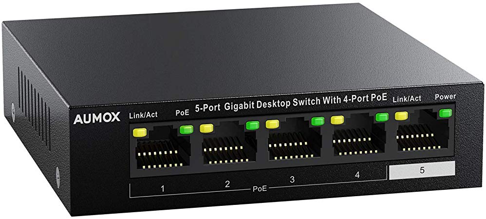 Aumox 5 Port Gigabit Ethernet PoE Switch, 4 Port PoE 58W, Unmanaged, Durable Metal Casing, Desktop,&nbsp;Traffic Optimization, Fanless, Plug and Play (SG105POE)