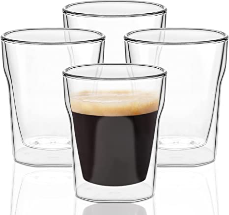 ComSaf Double Walled Glass Espresso Cups (7oz/200ml) Set of 4，Small Coffee Cups - Clear Tumbler for Tea Espresso Coffee Latte Hot/Cold Drinks